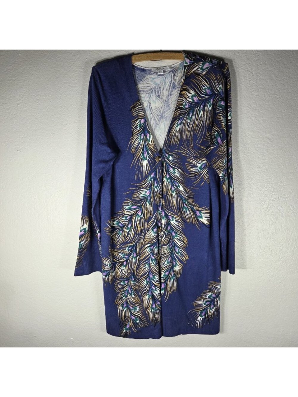 Chico's Ella Peacock Print Long Cardigan Sweater Boho Size 2 (L) Long Sleeve